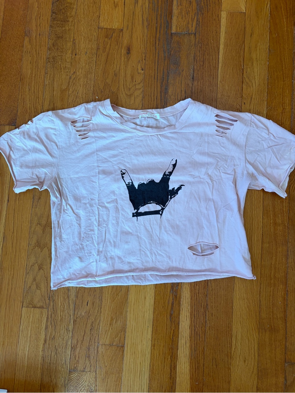 Romwe Pink Distressed Crop Tee with Rock Hand Graphic
